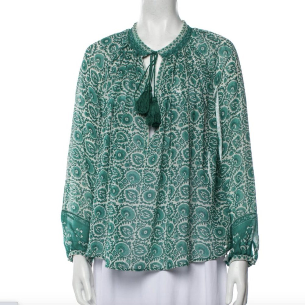 TALITHA Collection 100% Silk Sheer Tassel Top Green Printed Blouse Small